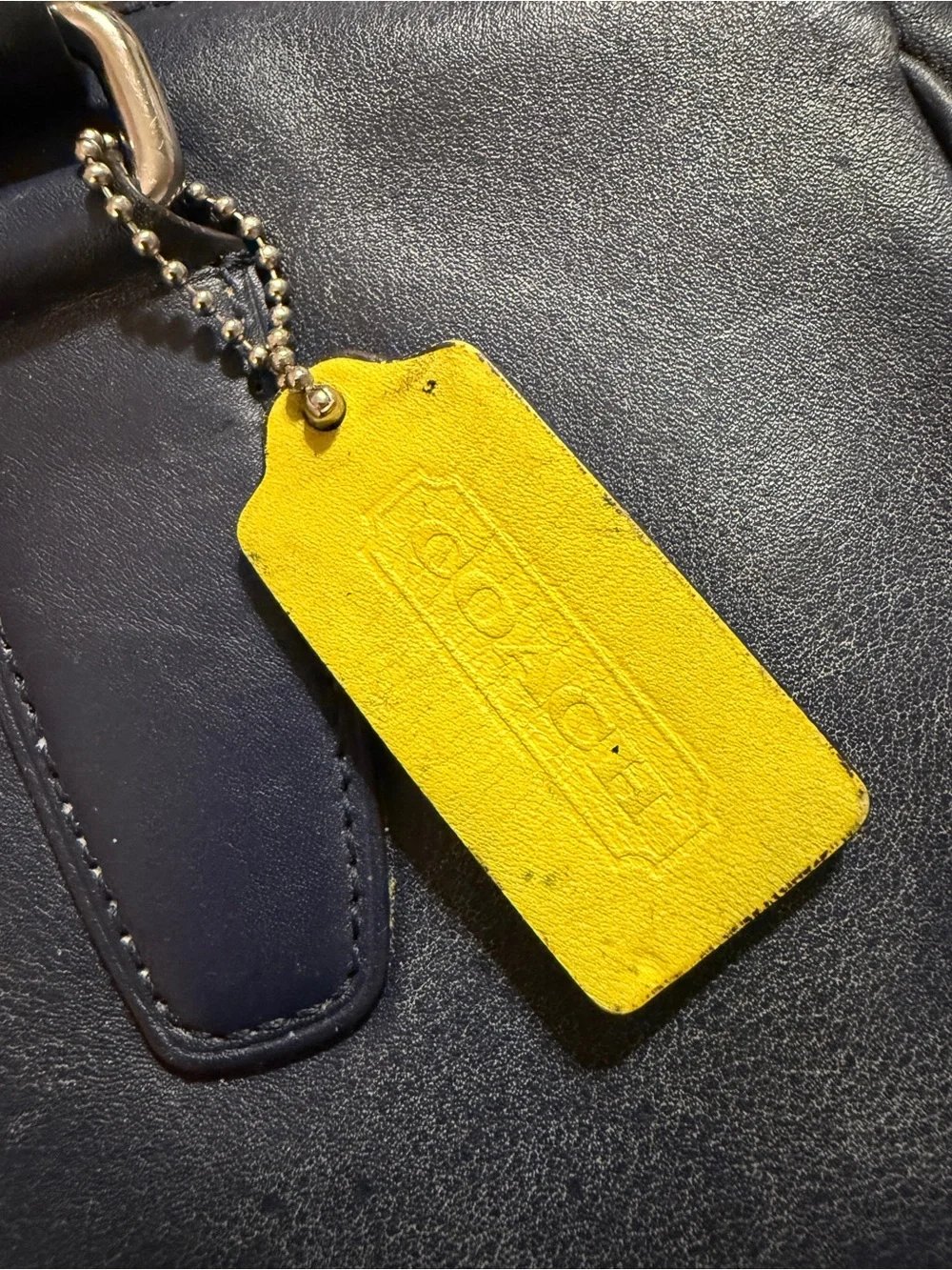 PROJECT BAG! COACH Navy Leather Perforated Tote with Yellow Tassel Charm - Picture 14 of 14